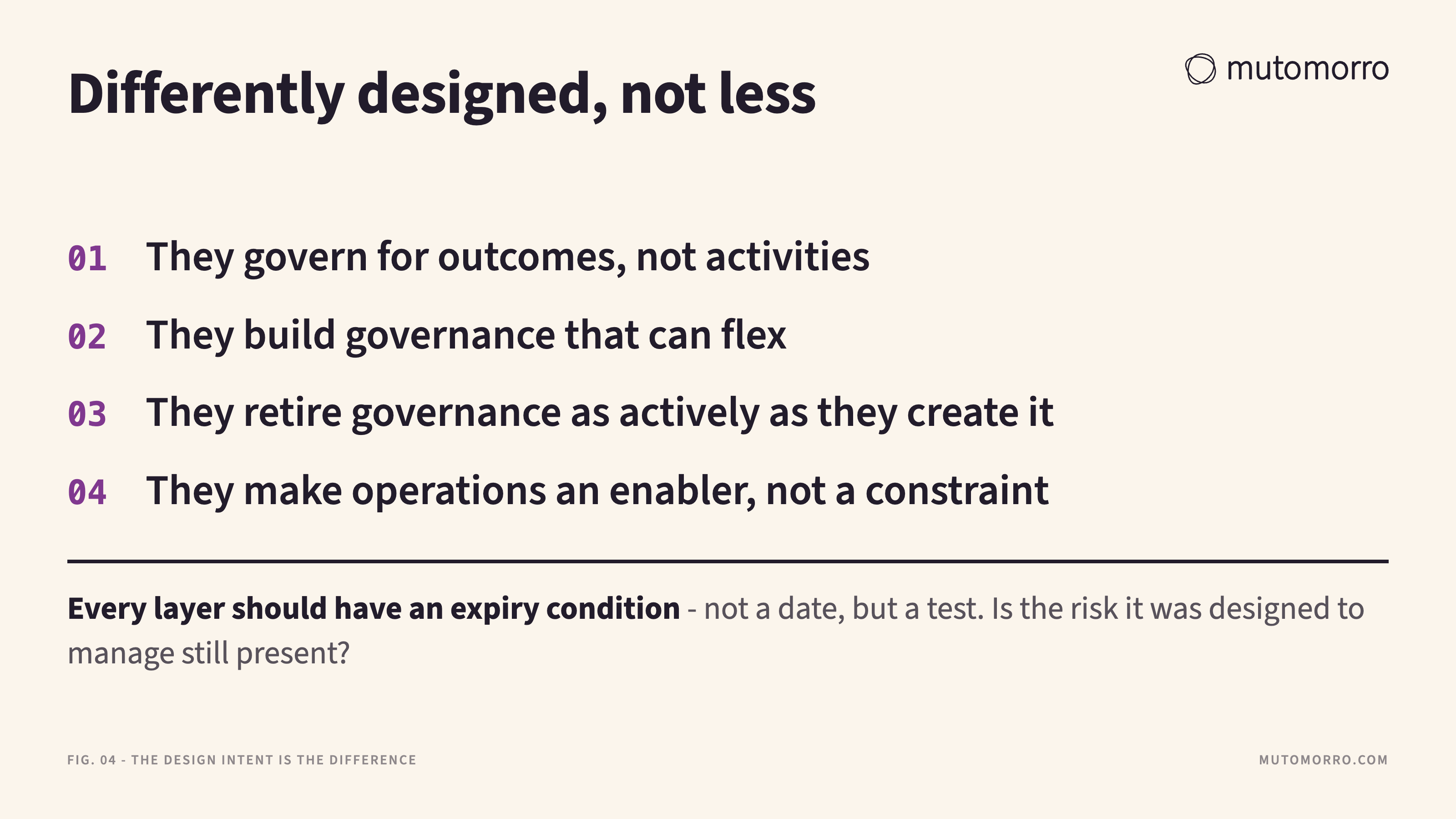 Numbered checklist of the four things that distinguish governance which strengthens the system: governing for outcomes rather than activities, building governance that can flex, retiring governance as actively as it is created, and treating operations as an enabler rather than a constraint.