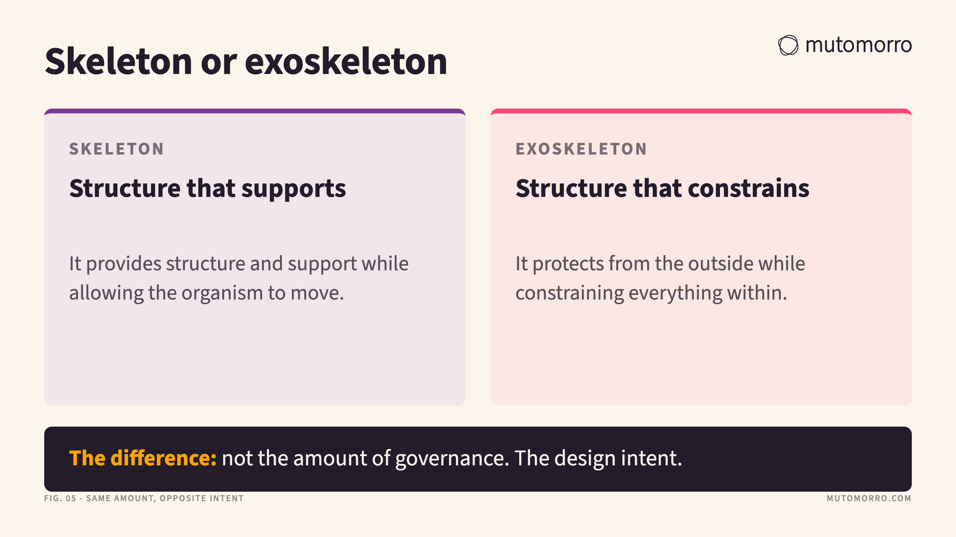 Two-column card contrasting governance that works like a skeleton, providing structure and support while allowing the organism to move, with governance that works like an exoskeleton, protecting from the outside while constraining everything within.