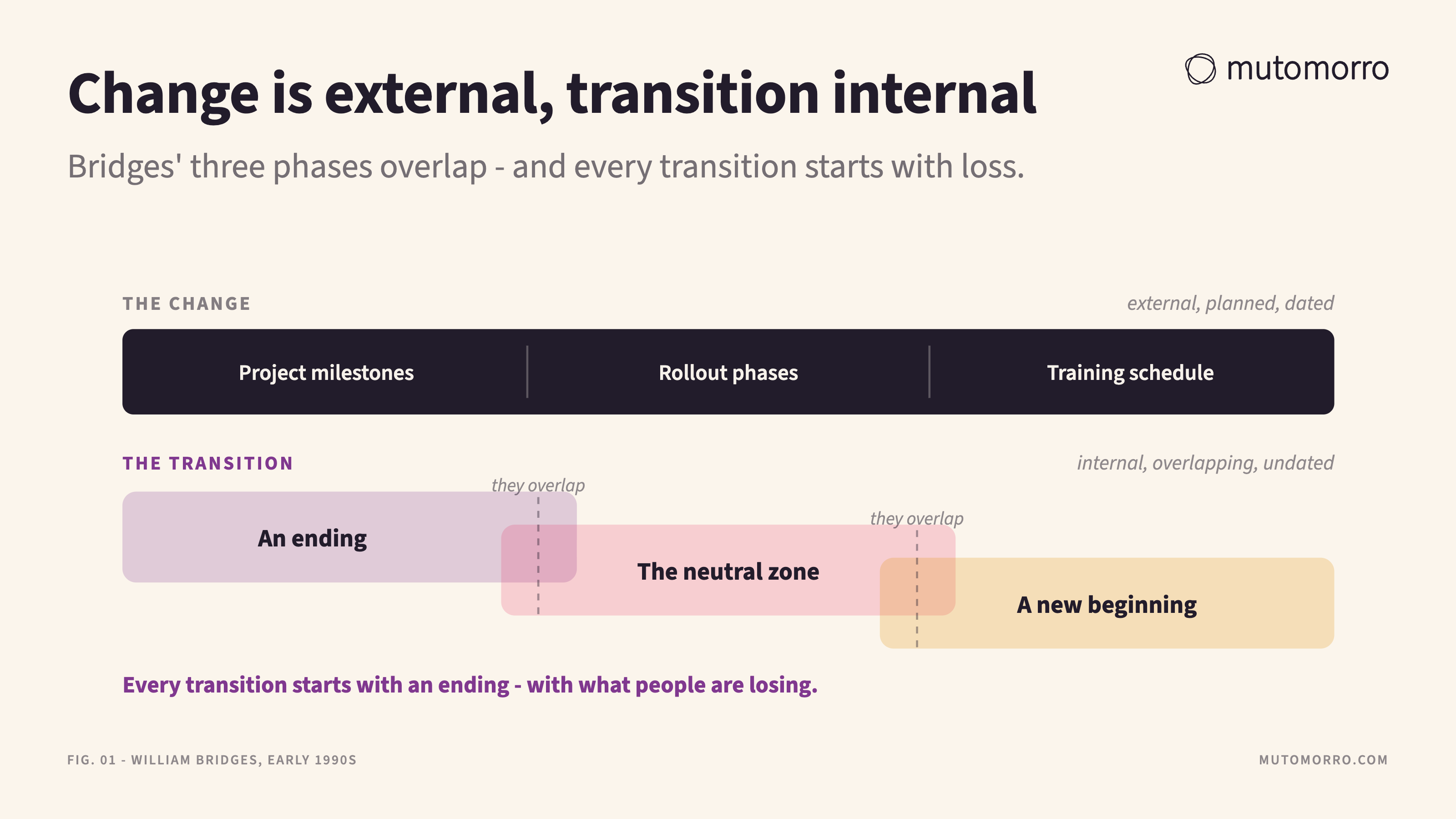 Diagram contrasting the change - the external, planned side, with its project milestones, rollout phases and training schedule - with the transition beneath it, drawn as three overlapping phases: an ending, a neutral zone and a new beginning.