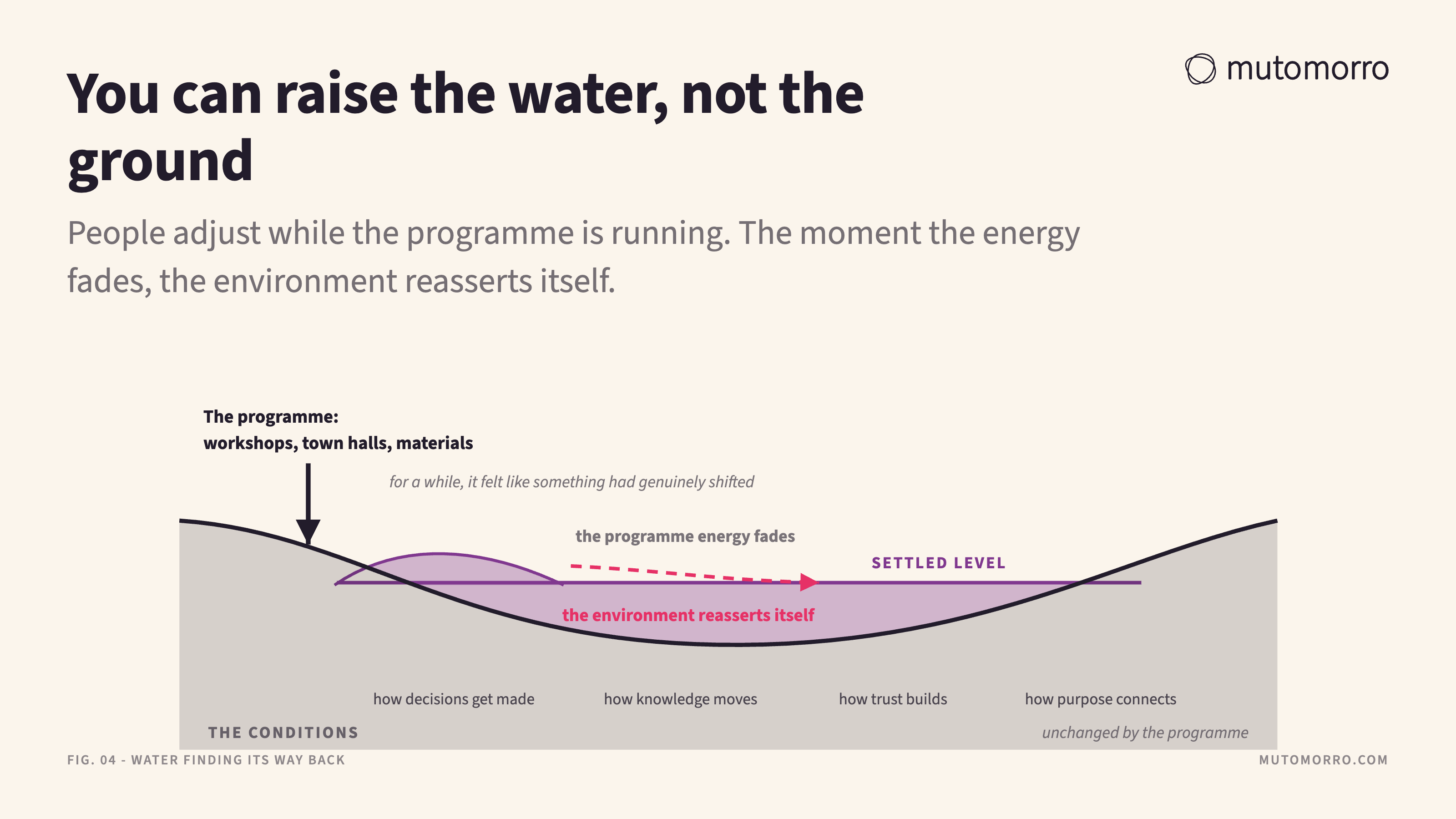 Cross-section diagram in which the basin floor is shaped by the four conditions, a culture change programme lifts the water level on one side, and a dashed arrow traces the level settling back to the lowest point once the programme energy fades.