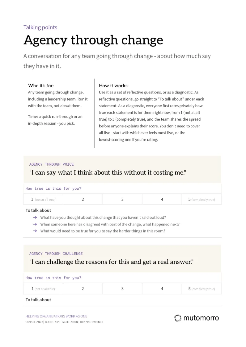 The first page of the Agency through change talking points, showing the voice and challenge statements with a 1 to 5 rating scale.