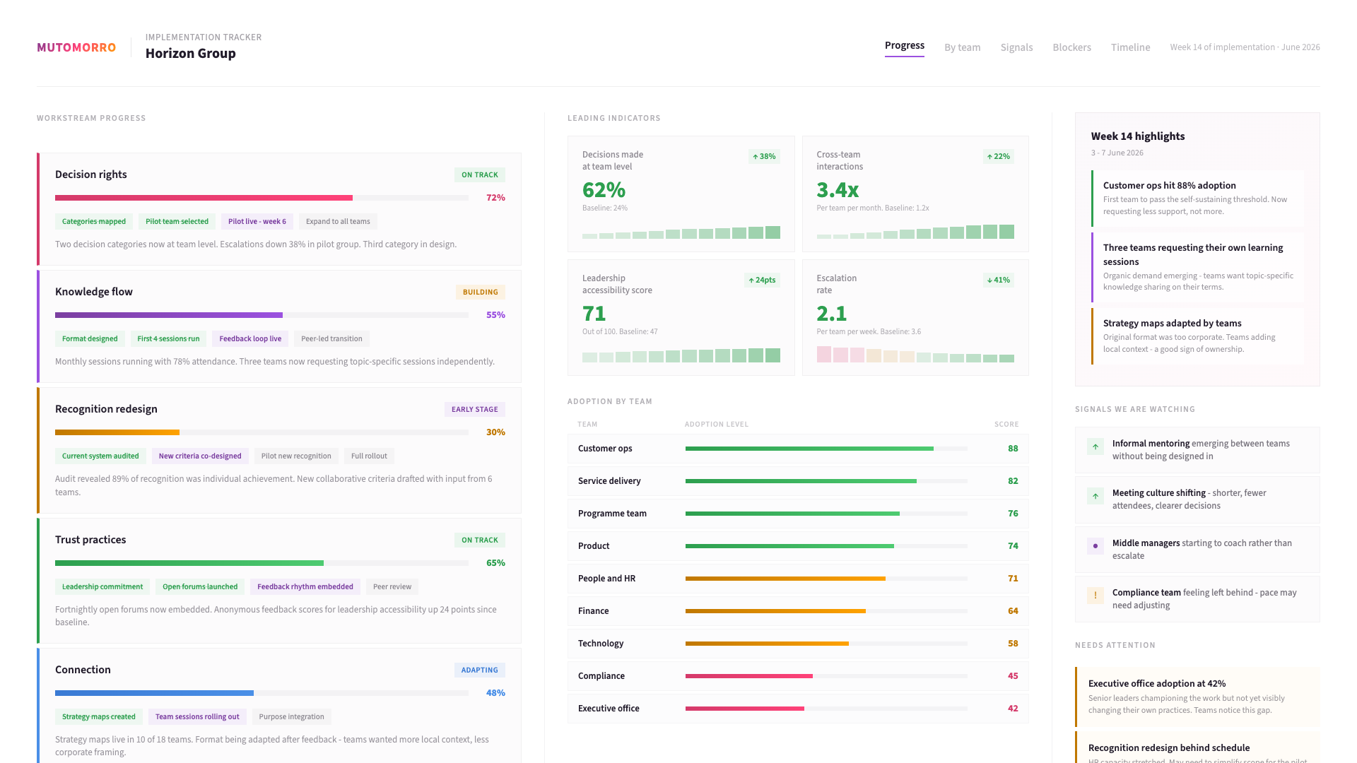 Example Culture Change Programme output: an illustrative sample of the worked dashboard - the key observations it captures, and the priorities you leave with.