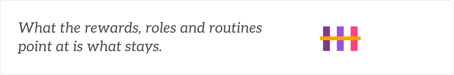 What the rewards, roles and routines point at is what stays - the rewards, roles and routines aligned to keep it in place.