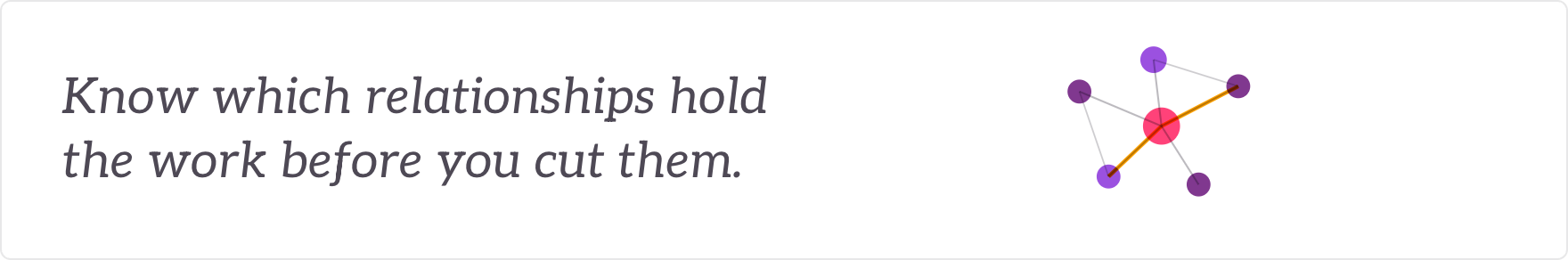 Know which relationships hold the work before you cut them - the informal network and where knowledge sits.