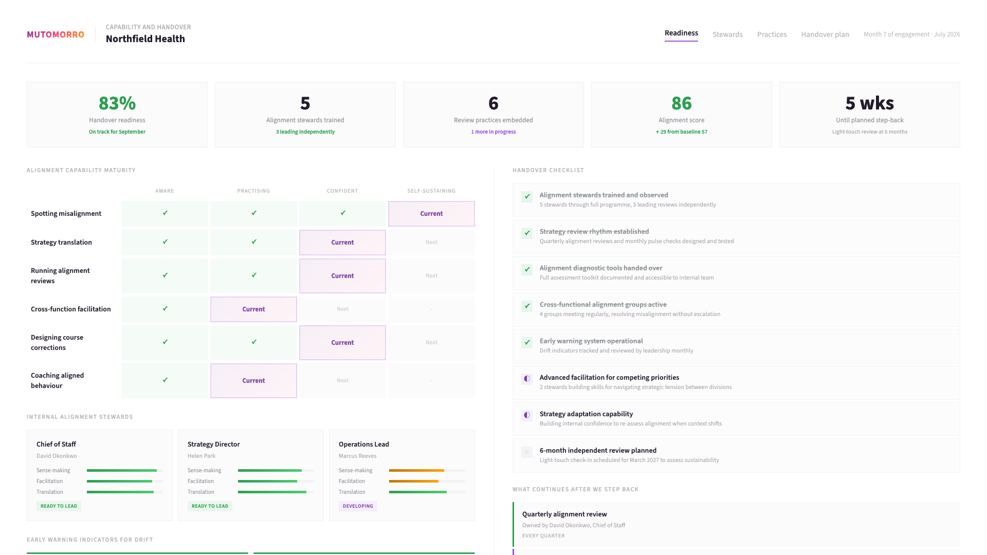 Example Staying on Strategy output: an illustrative sample of the worked dashboard - the key observations it captures, and the priorities you leave with.
