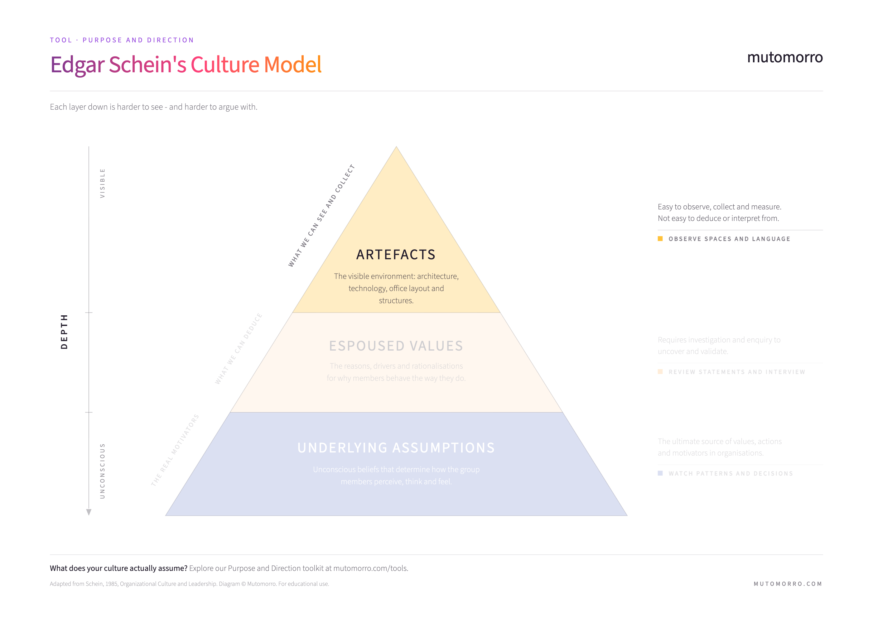 Level 1 of Edgar Schein's culture model, Artefacts - the visible layer of environment, symbols, language and behaviour.