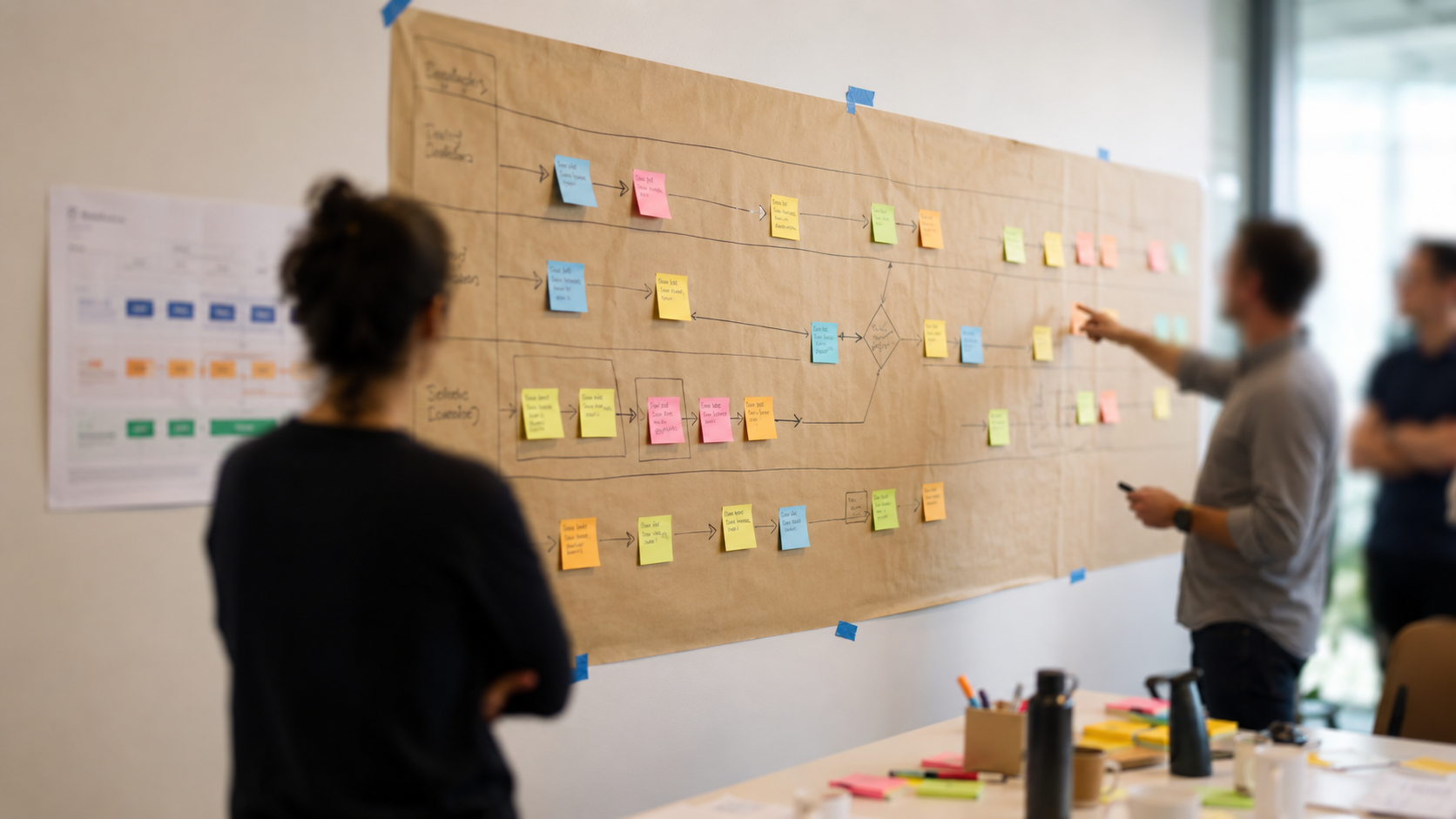 A group of colleagues are process mapping in a workshop - there is brown paper on the wall where the team have mapped out their process using sticky notes. 